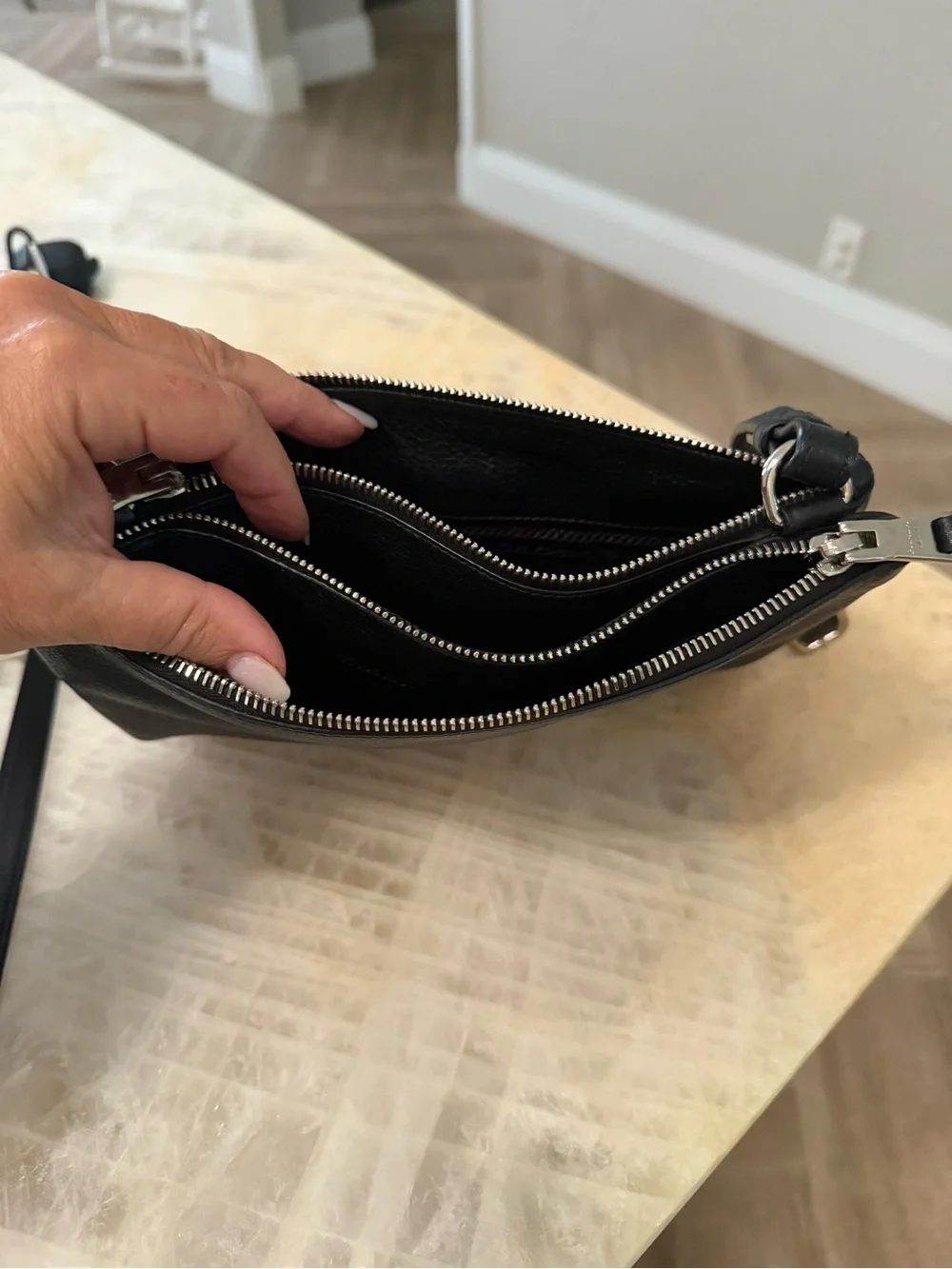 Prada Black Pebbled Leather DOUBLE ZIP GUSSET CROSSBODY BAG with Silver Logo